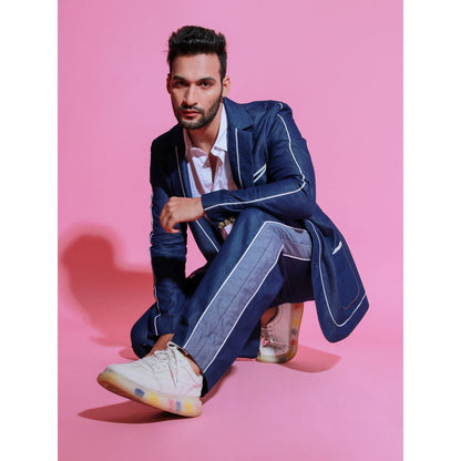 Echke Denim Jacket Co-Ord with White Piping and Wide Trouser with Side Strip (Set of 2)