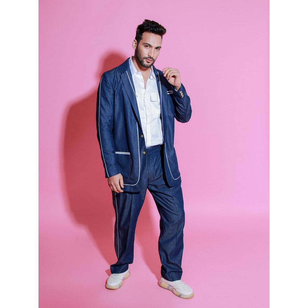 Echke Denim Jacket Co-Ord with White Piping and Wide Trouser with Side Strip (Set of 2)