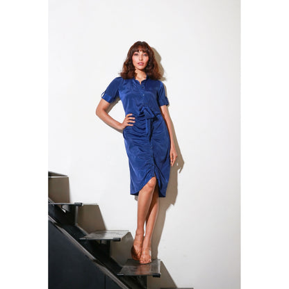 Echke Blue French Crepe Shirt Dress with Rouging And Tie Up Feature