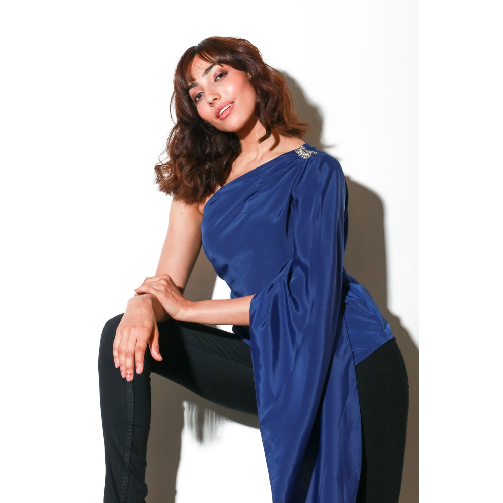 Echke One Shoulder Top with Drape And Diamonte Shoulder Feature