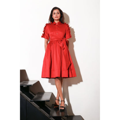 Echke Red Dress with Waist Flare And Rouging Feature & Belt (Set of 2)