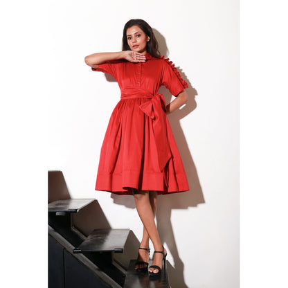 Echke Red Dress with Waist Flare And Rouging Feature & Belt (Set of 2)