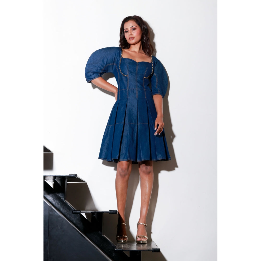 Echke Denim Short Flared Dress with Dramatic Sleeves And Rivets