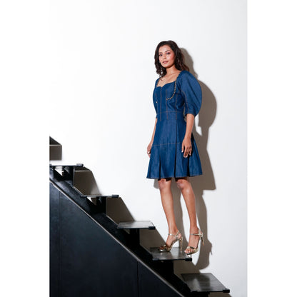 Echke Denim Short Flared Dress with Dramatic Sleeves And Rivets