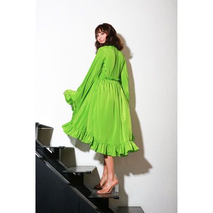 Echke French Crepe Green Gathered Dress with Cape Sleeves