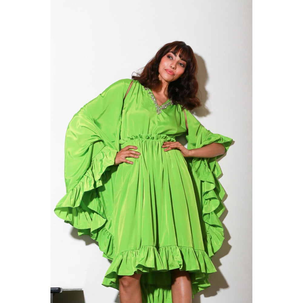 Echke French Crepe Green Gathered Dress with Cape Sleeves