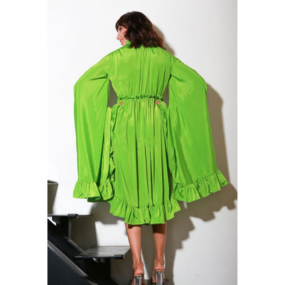 Echke French Crepe Green Gathered Dress with Cape Sleeves