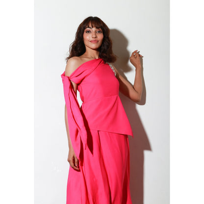 Echke One Shoulder Midi Flared Dress with Tie Up Feature Sleeve