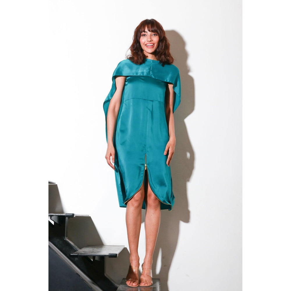 Echke Teal Milano Dress with Cape Front Wide Slit Feature And Zip