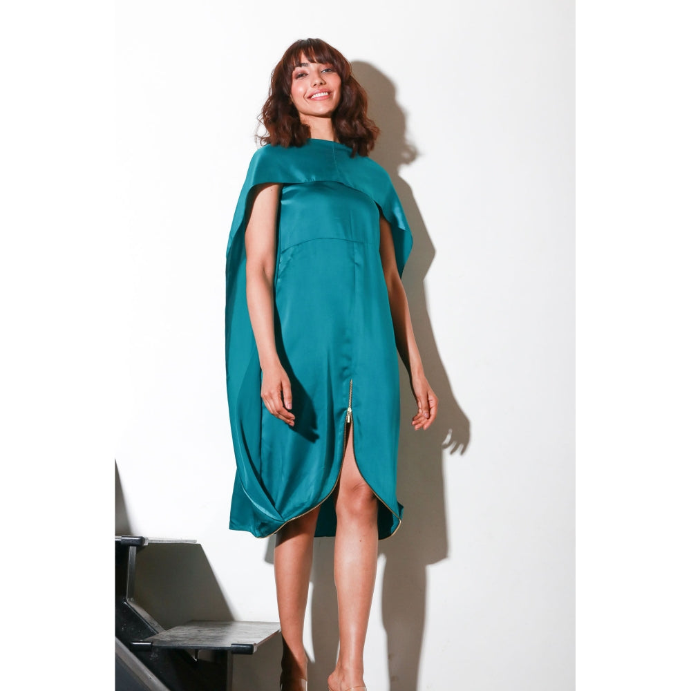 Echke Teal Milano Dress with Cape Front Wide Slit Feature And Zip
