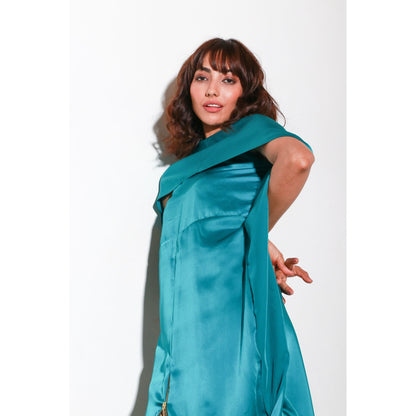 Echke Teal Milano Dress with Cape Front Wide Slit Feature And Zip