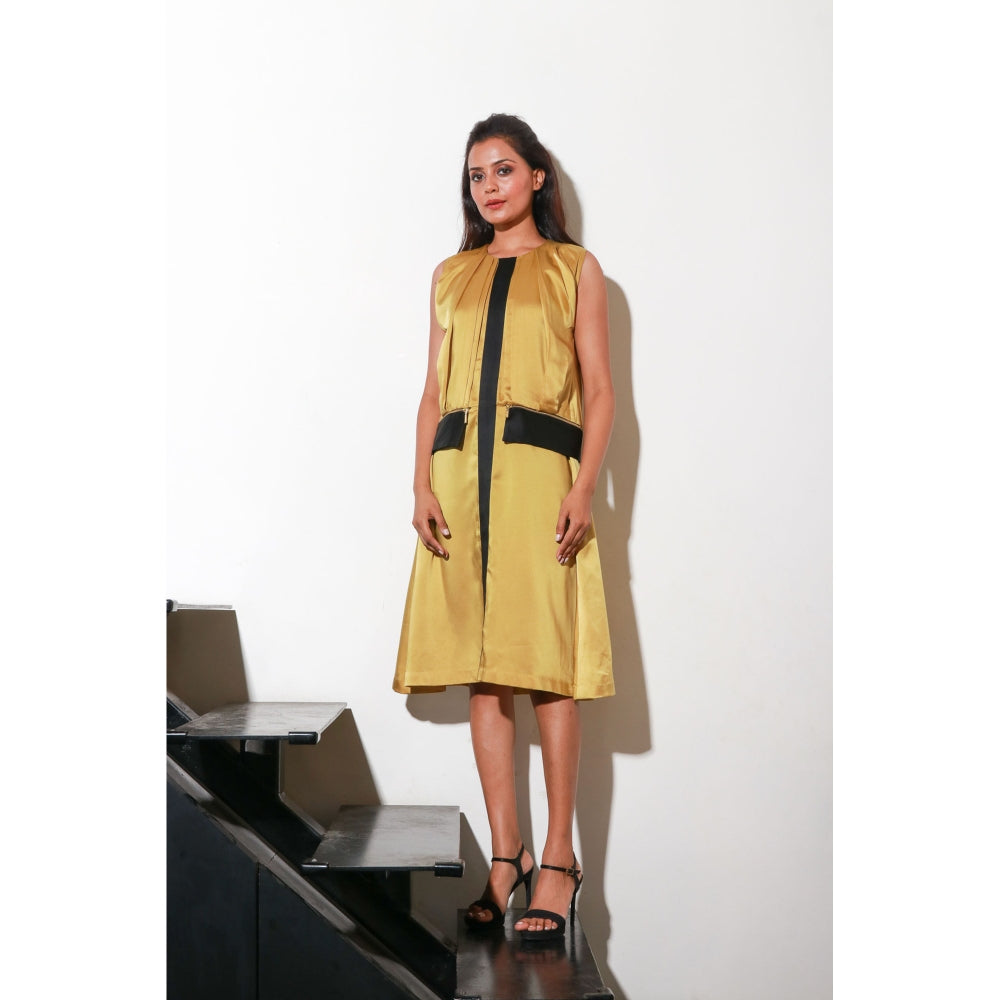 Echke Mustard Milano Dress with Front Pleats And Black Milano Centre Feature with Side Zips