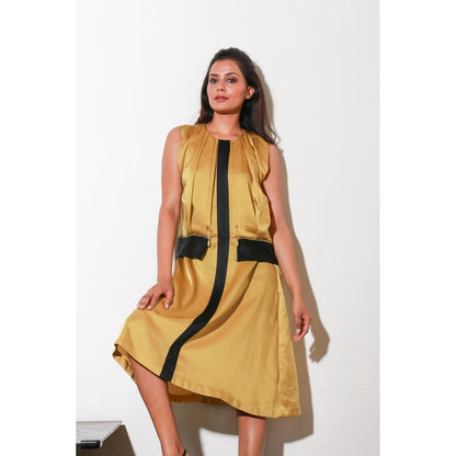 Echke Mustard Milano Dress with Front Pleats And Black Milano Centre Feature with Side Zips