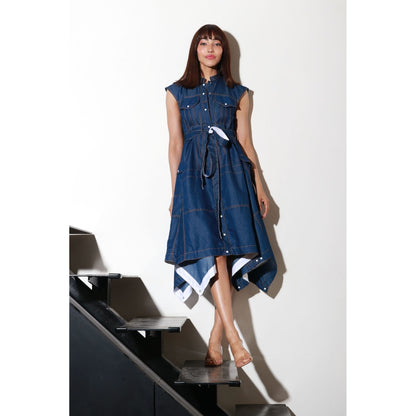 Echke Sleeveless Denim Dress with Waist Belt And Side Asymmetric Flare (Set of 2)