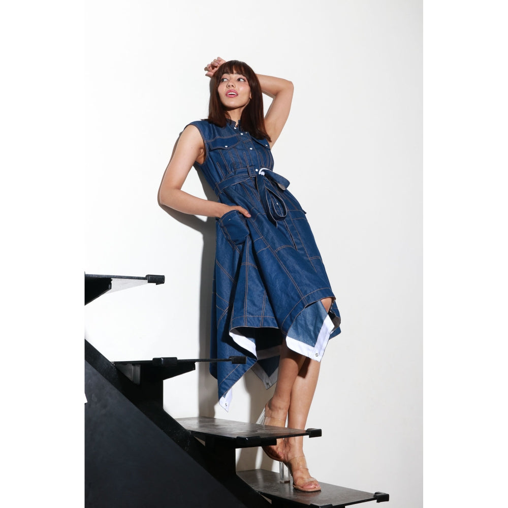 Echke Sleeveless Denim Dress with Waist Belt And Side Asymmetric Flare (Set of 2)
