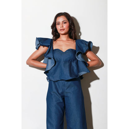 Echke Denim Jumpsuit with Bustier And Frill Feature Around The Neckline And Shoulders