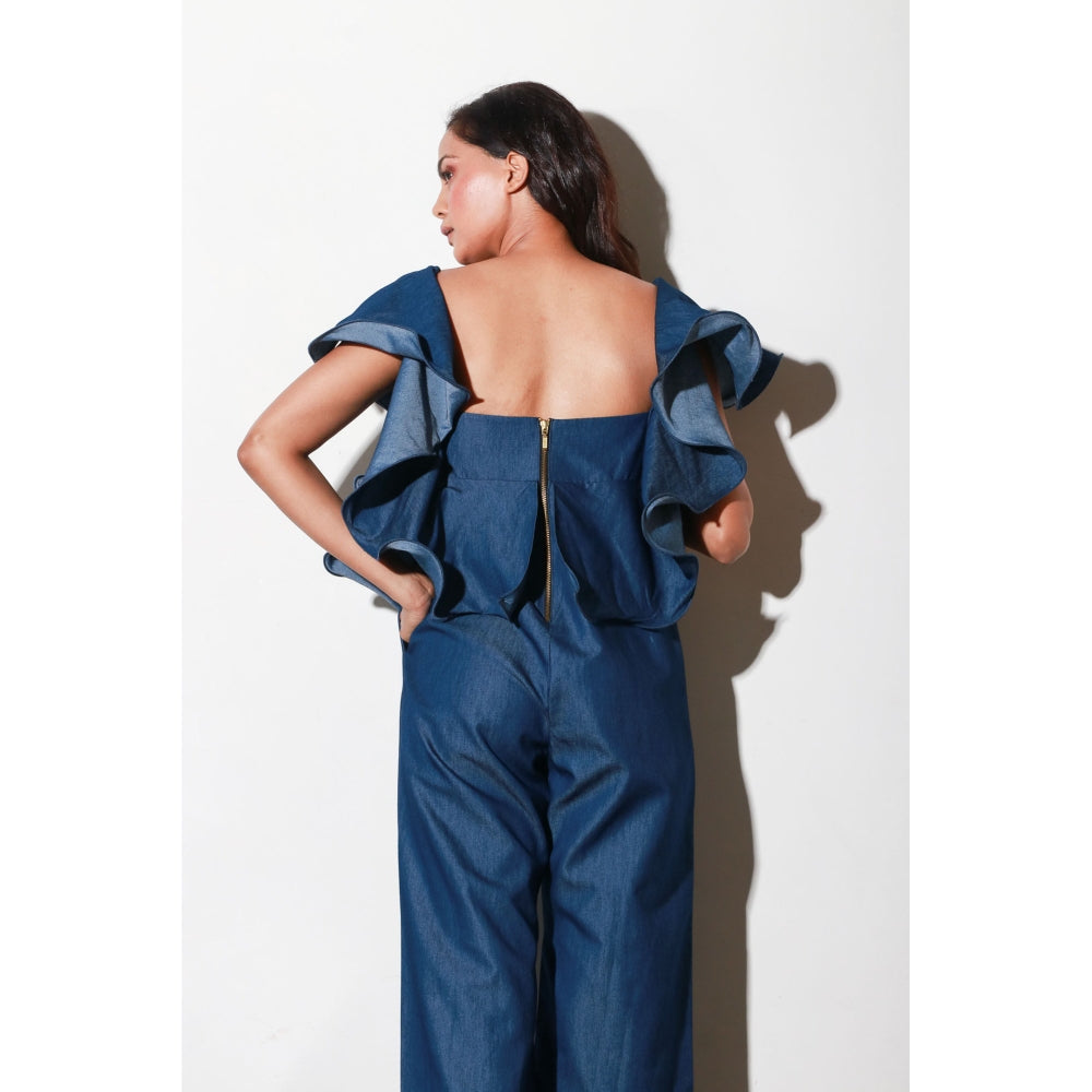 Echke Denim Jumpsuit with Bustier And Frill Feature Around The Neckline And Shoulders