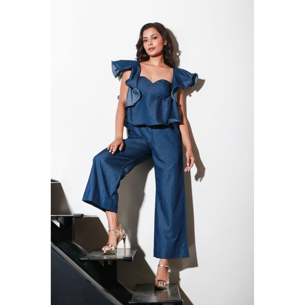 Echke Denim Jumpsuit with Bustier And Frill Feature Around The Neckline And Shoulders