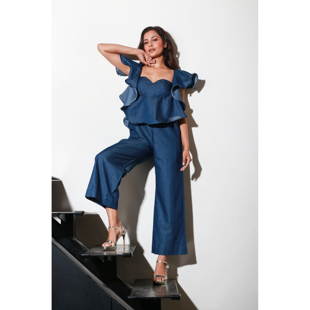 Echke Denim Jumpsuit with Bustier And Frill Feature Around The Neckline And Shoulders