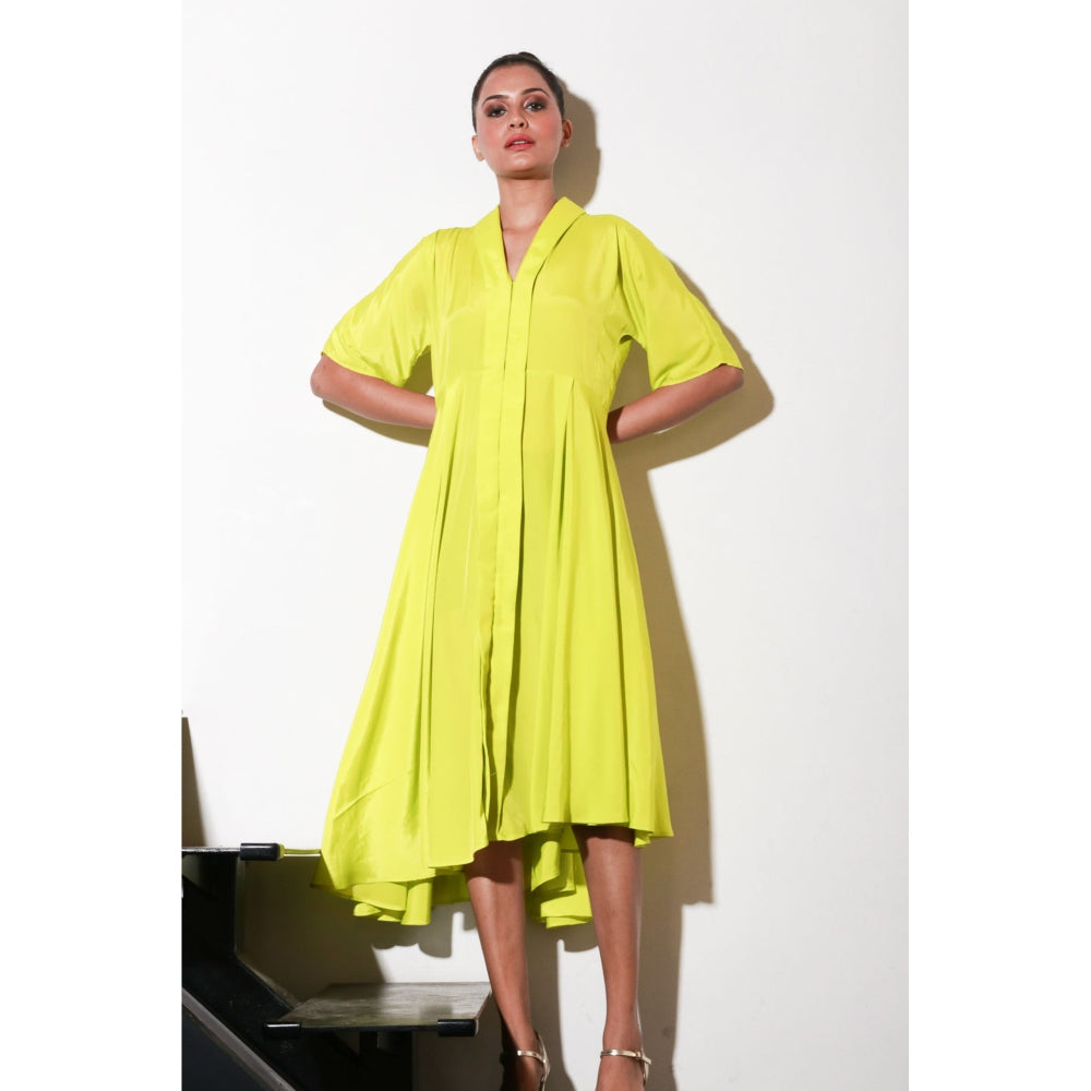 Echke Yellow French Crepe Dress with Flared Cente And Back Feature