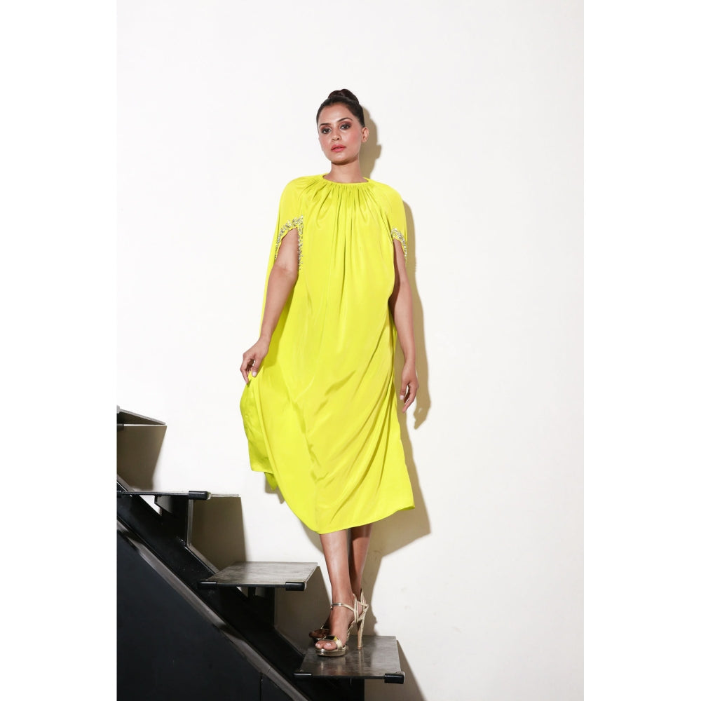 Echke Lime Yellow Dress with Work & Front Cut Out Sleeves