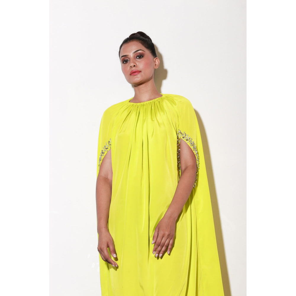 Echke Lime Yellow Dress with Work & Front Cut Out Sleeves