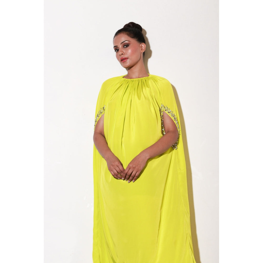 Echke Lime Yellow Dress with Work & Front Cut Out Sleeves