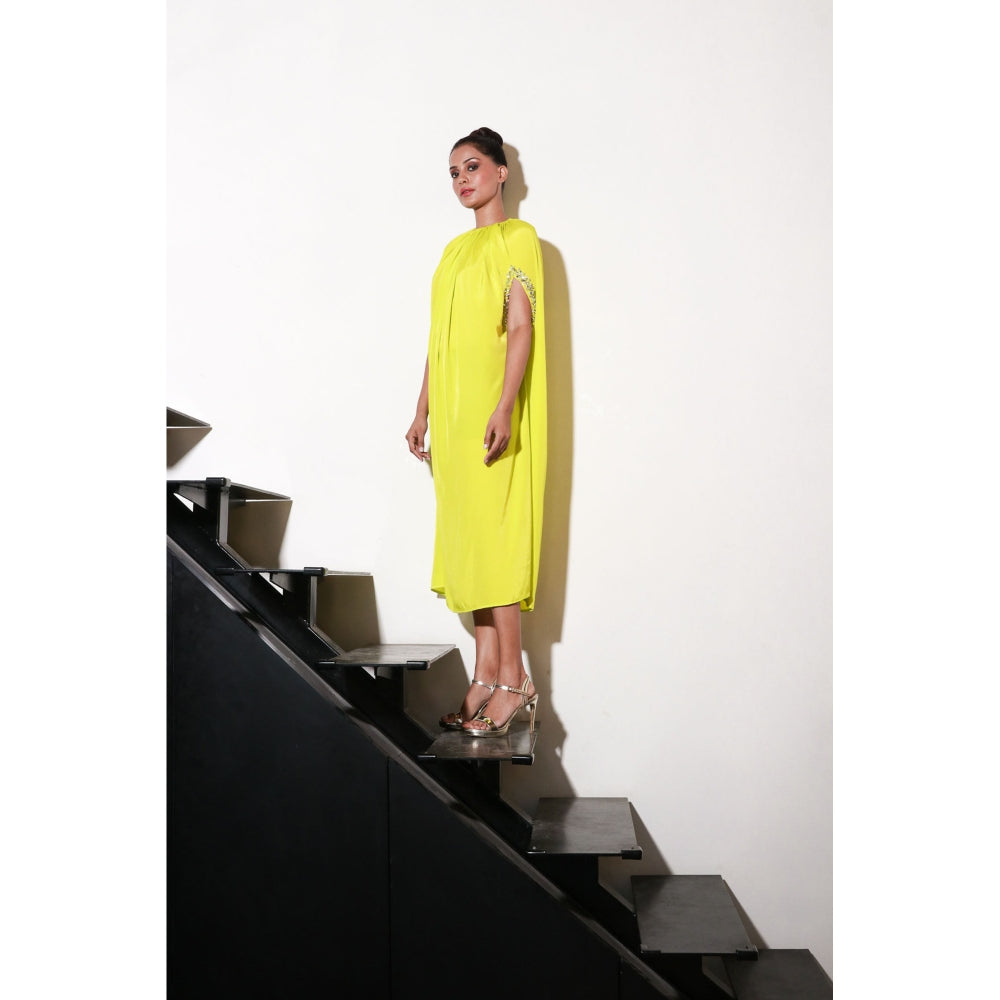 Echke Lime Yellow Dress with Work & Front Cut Out Sleeves