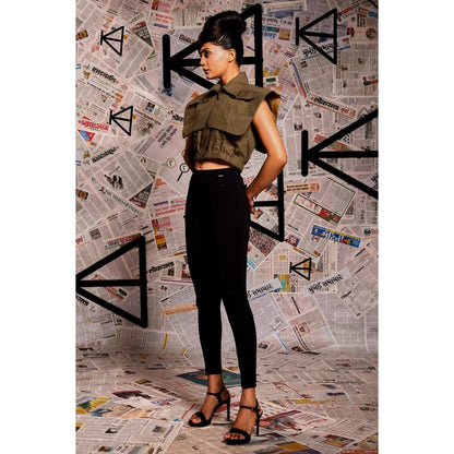 Echke Khaki Bib Pocket Crop Top