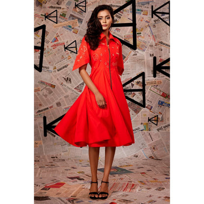 Echke Orange Midi Flared Dress