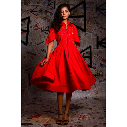 Echke Orange Midi Flared Dress