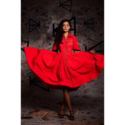 Echke Orange Midi Flared Dress