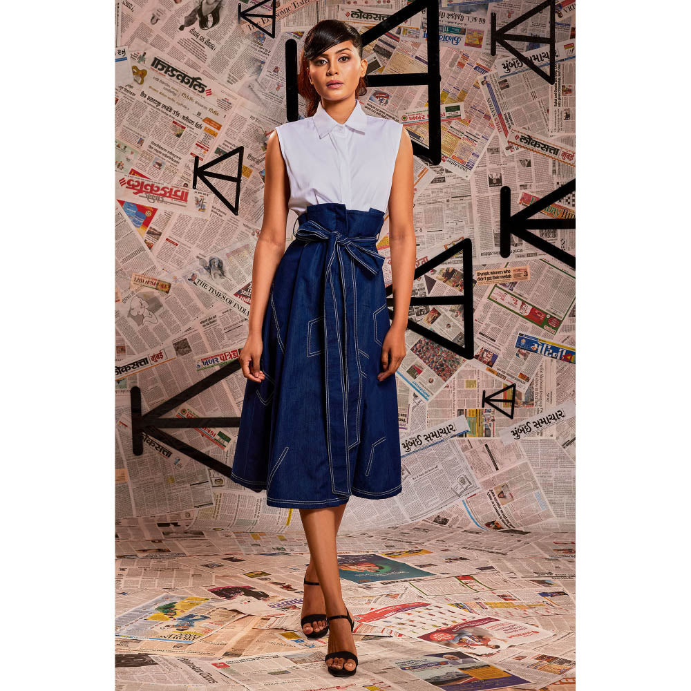 Echke White and Blue Colorblock Dress with Belt (Set of 2)