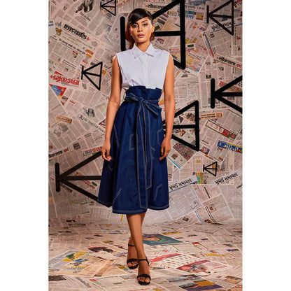 Echke White and Blue Colorblock Dress with Belt (Set of 2)