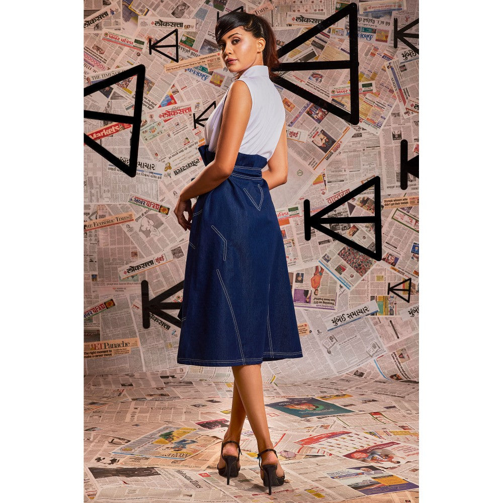 Echke White and Blue Colorblock Dress with Belt (Set of 2)