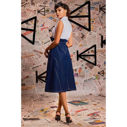Echke White and Blue Colorblock Dress with Belt (Set of 2)