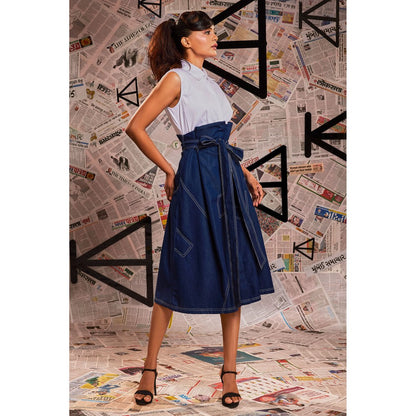 Echke White and Blue Colorblock Dress with Belt (Set of 2)