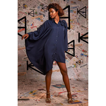 Echke Blue Rayon Asymmetrical Shirt Dress