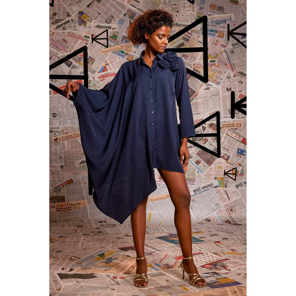 Echke Blue Rayon Asymmetrical Shirt Dress