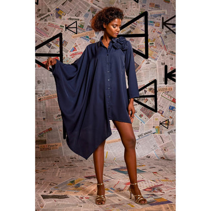 Echke Blue Rayon Asymmetrical Shirt Dress