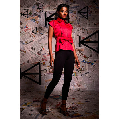 Echke Red Pleated Shirt with Detachable Bow (Set of 2)