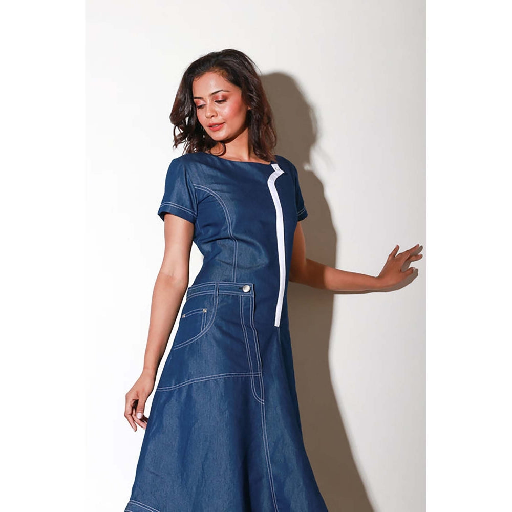 Echke Denim Asymmetric Dress With Zipper Flap Feature.