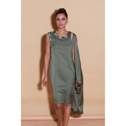Echke Olive Green Sleeveless Dress With One Side Drape And Neck Embellishment.