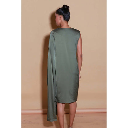 Echke Olive Green Sleeveless Dress With One Side Drape And Neck Embellishment.