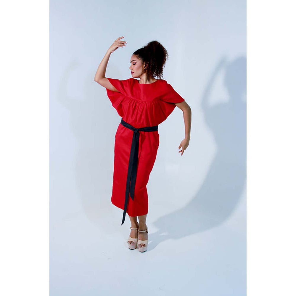 Echke Red And Charcoal Angular Sleeves Dress