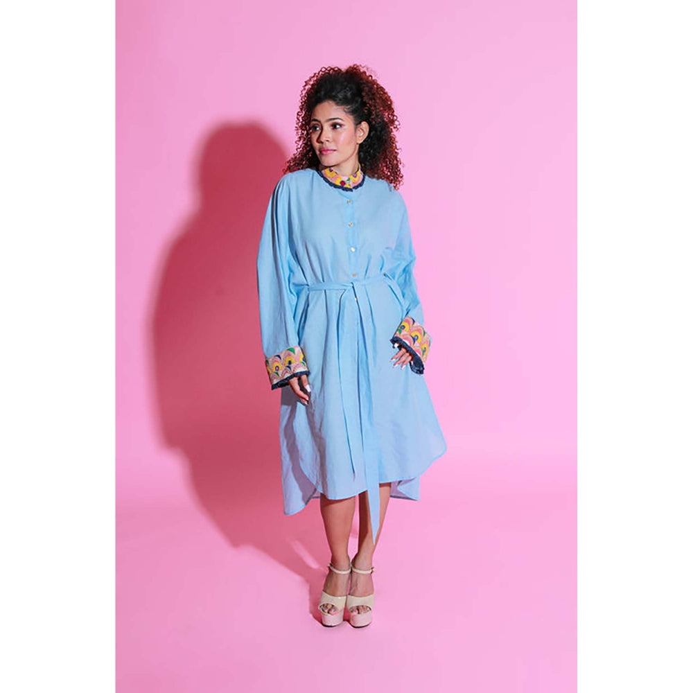 Echke Sky Blue Dress Crafted Linen Kutch Embroidery With Apple Hemline.
