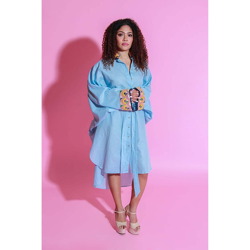Echke Sky Blue Dress Crafted Linen Kutch Embroidery With Apple Hemline.