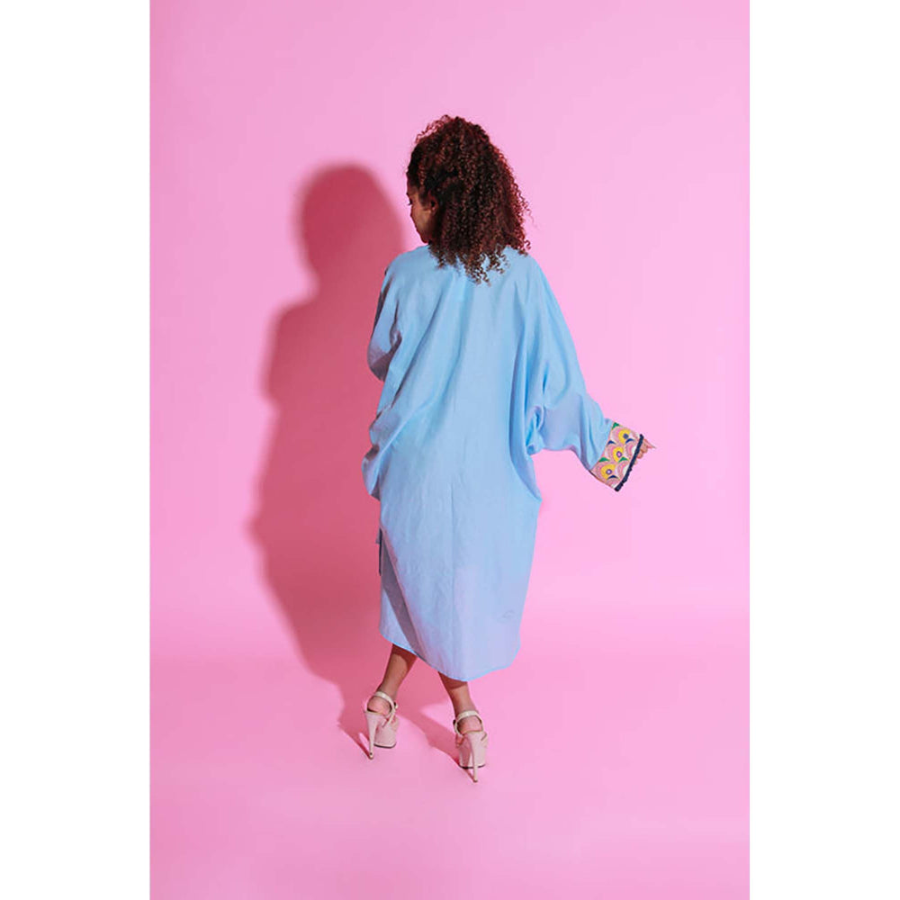 Echke Sky Blue Dress Crafted Linen Kutch Embroidery With Apple Hemline.