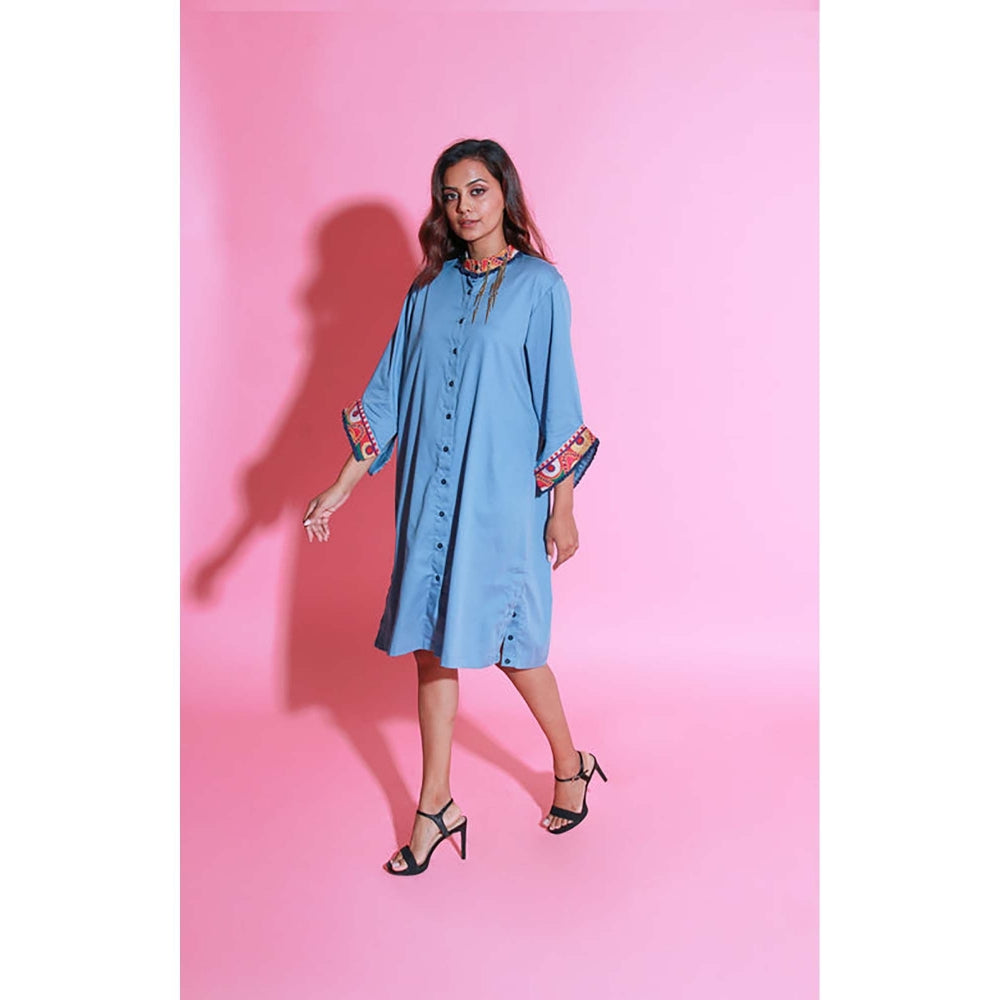Echke Slate Blue Shirt Dress With Kutch Border And Side Buttons Slit