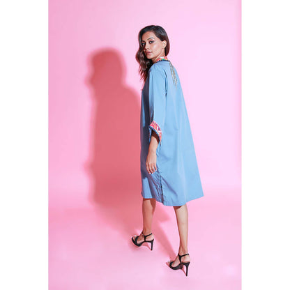 Echke Slate Blue Shirt Dress With Kutch Border And Side Buttons Slit